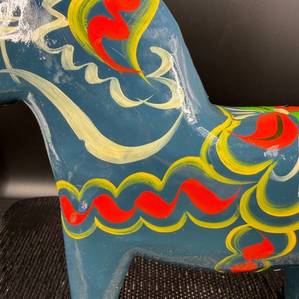 Vintage Akta Dalahemslojd Swedish Dala Horse Blue Hand Painted Wood Folk Art 7" - Picture 10 of 15